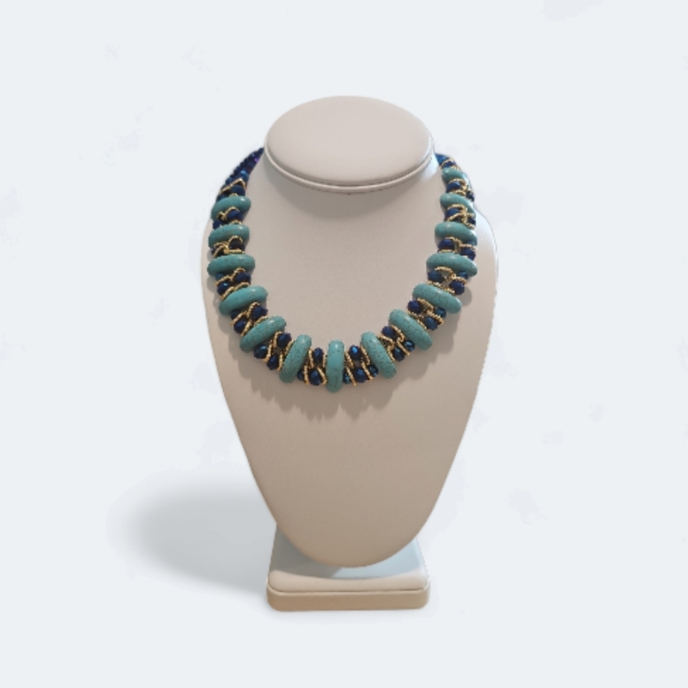 Boho Style Two Rows Crescent High - Quality Turquoise Crystal Necklace. - Picture 1 of 10